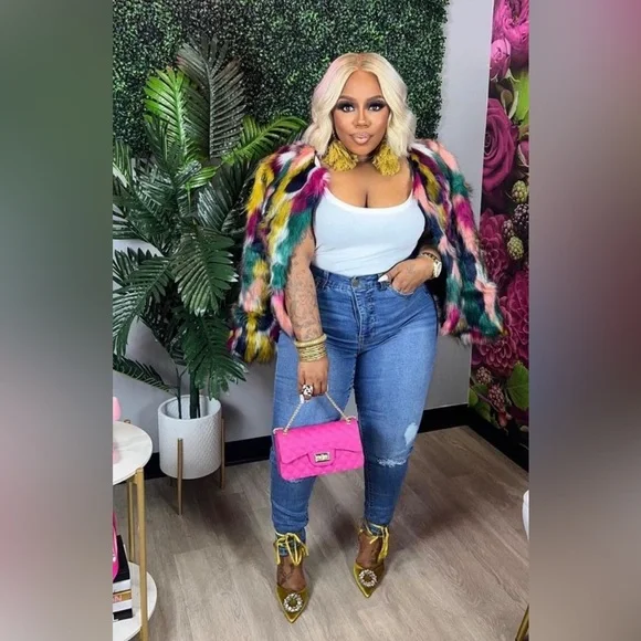 Multicolor Faux Fur Coat Long Sleeve Open Front Luxury Colorful Fuzzy Jacket - Picture 6 of 13